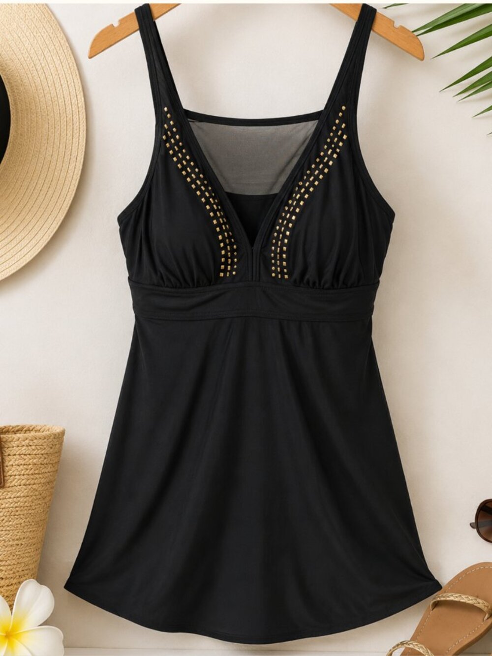 Simon Chang Black Studded Mesh Swimdress Swimsuit S Glam Resort Poolside EUC